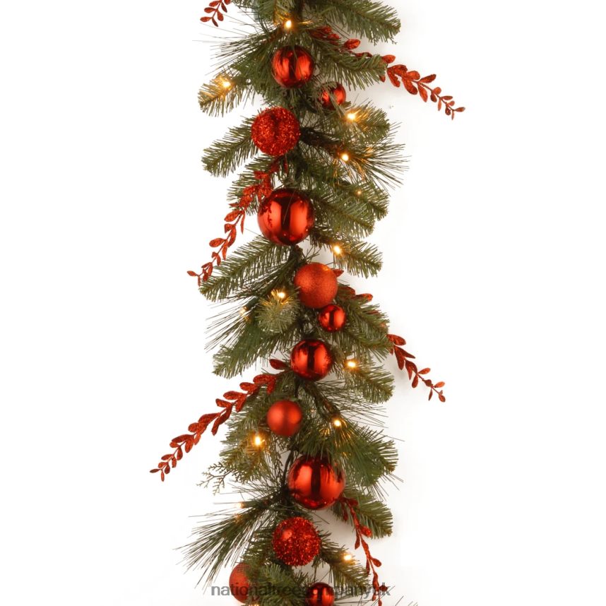 Greenery | National Tree Company Pre-Lit Artificial Christmas Garland Green Evergreen White Lights Decorated With Glittered Stems Ball Ornaments Battery Powered Christmas Collection 9 Feet F2L